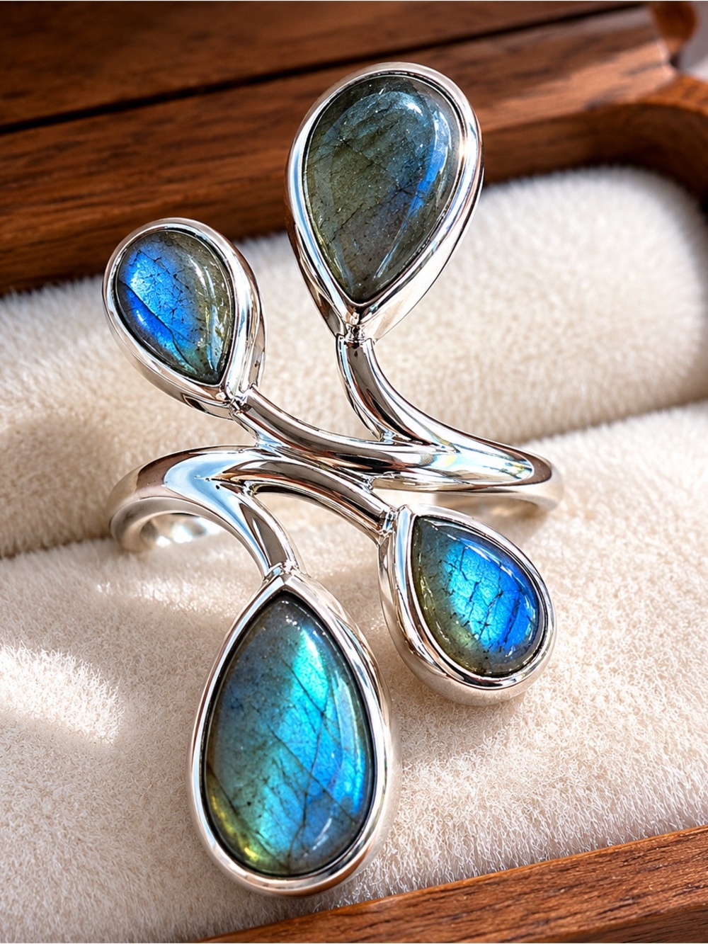 Labradorite Teardrop Sterling Silver Statement Ring - Blue-Green